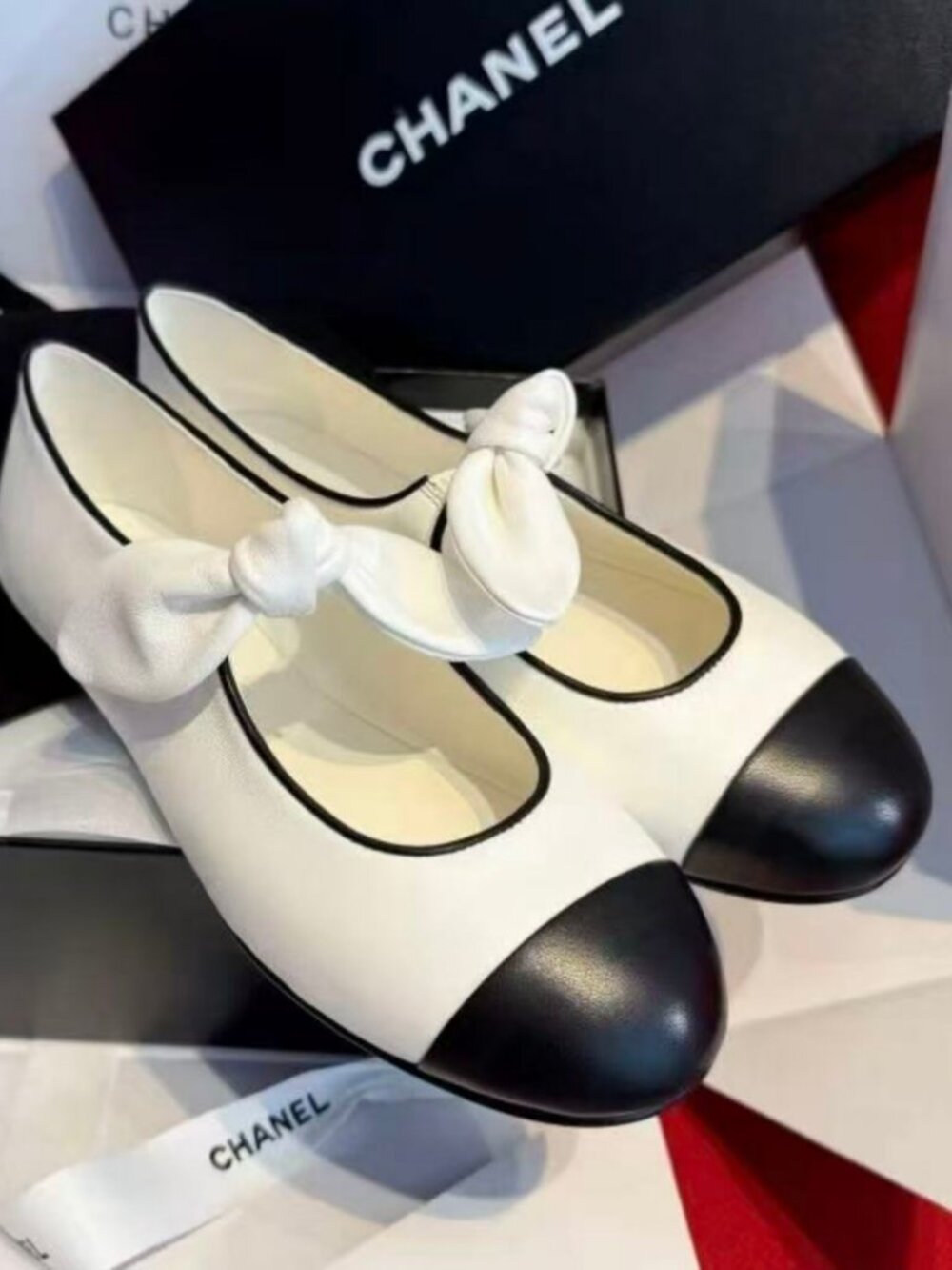 Chanel White & Black Cap-Toe Ballet Flats